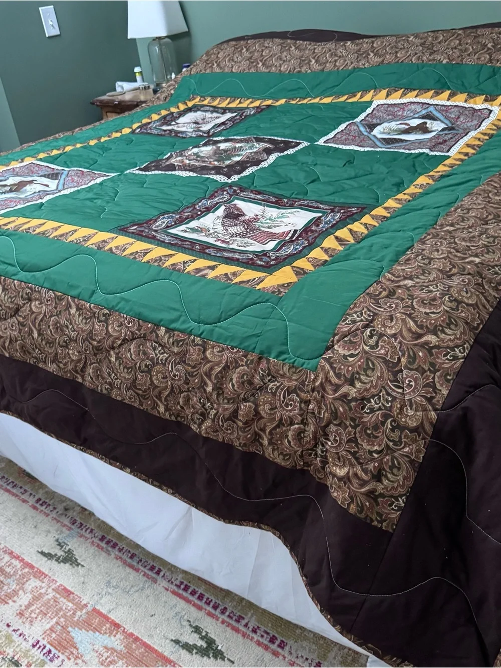 Green Patchwork Fowl bird Quilt with Yellow Accent Border - handmade